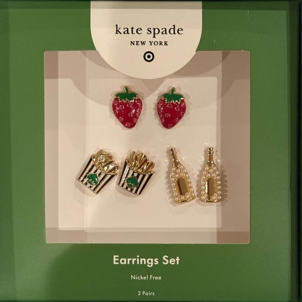 Kate Spade x Target Earring Trio - Strawberry, Champagne, & French Fry Studs NWT